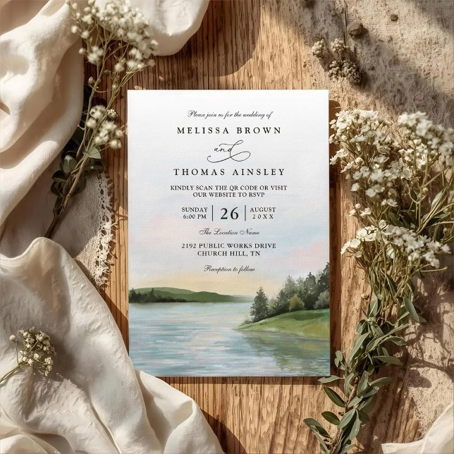 Convites Rustic Forest Lake Landscape QR Code Wedding (Criador carregado)