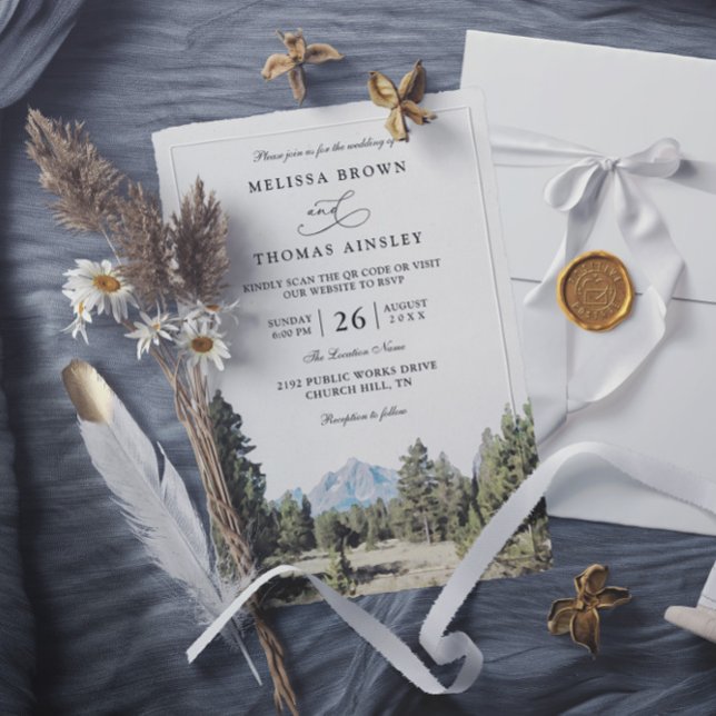 Convites Rustic Forest Mountain Skyline QR Code Wedding (Criador carregado)