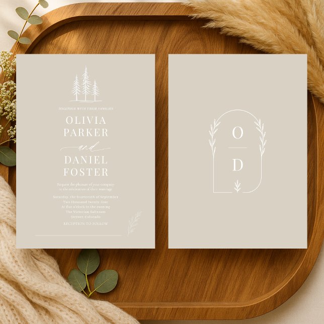 Convites Rustic Forest Taupe Beige Line Art  Wedding (Criador carregado)