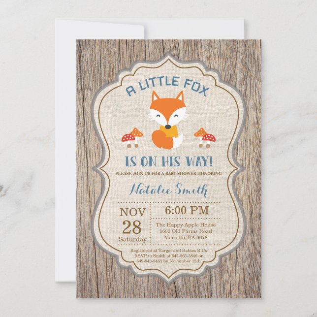Convites Rustic Fox Chá de fraldas Invitation Boy (Frente)