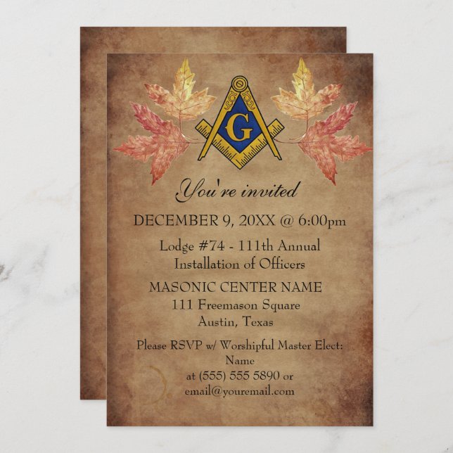Convites Rustic Freemason Masonry Autumn Fall Masonic (Frente/Verso)