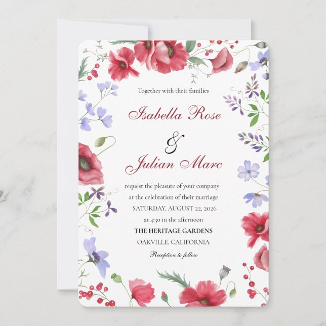 Convites Rustic Garden Poppy & Lavender Watercolor Wedding (Frente)