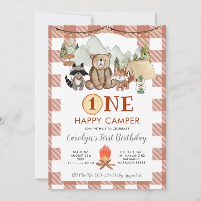 Convites Rustic Gingham One Happy Camper Primeiro Aniversár (Frente)
