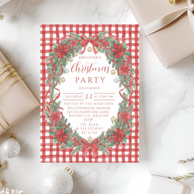 Convites Rustic Gingham Poinsettia Christmas (Criador carregado)