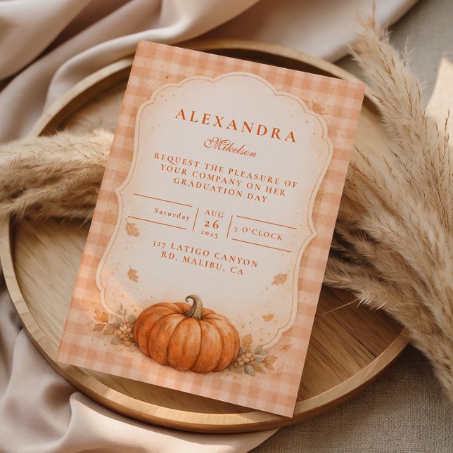 Convites Rustic Gingham Pumpkin Fall Graduation (Criador carregado)