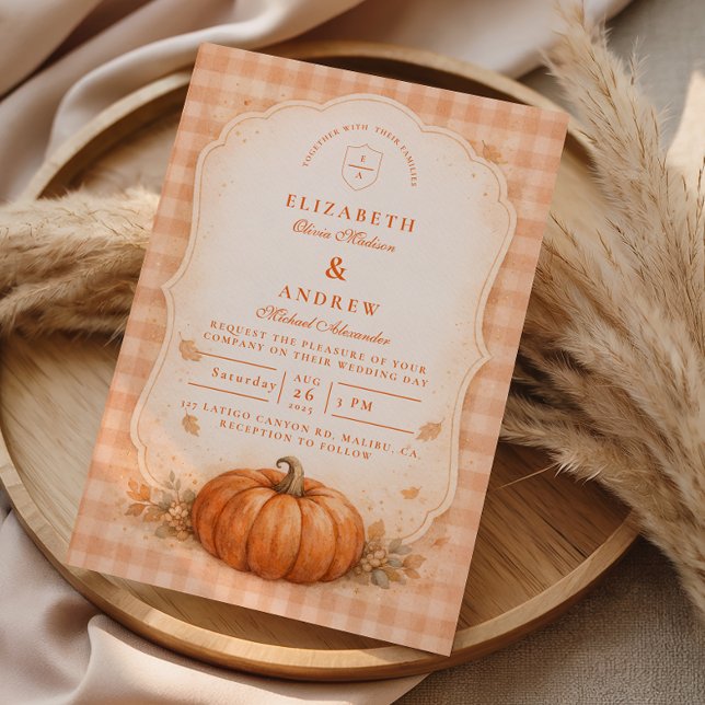 Convites Rustic Gingham Pumpkin Fall Wedding (Criador carregado)