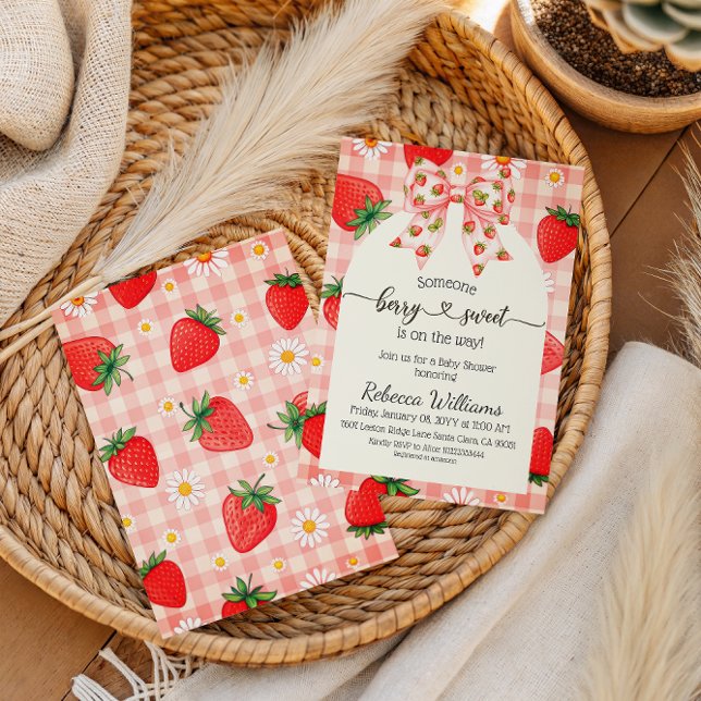 Convites Rustic Gingham Strawberry Berry Sweet Baby Shower (Criador carregado)