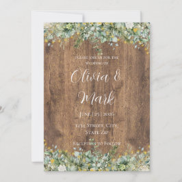 Convites Rustic Gold Eucalyptus & White Floral Wood Wedding