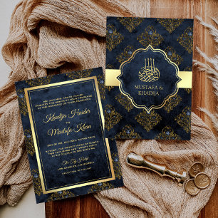 Convites Rustic Gold Navy Blue Damask Muslim Wedding