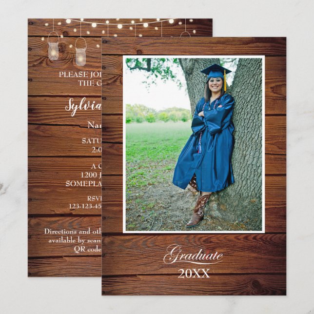 Convites Rustic Graduation Party Invitation string lights (Frente/Verso)