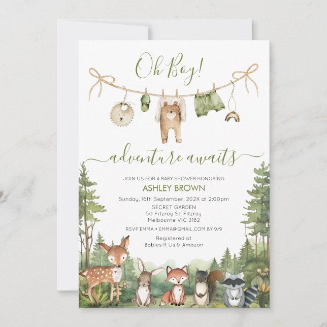 Convites Rustic Green Adventure Awaits Baby Shower  (Frente)