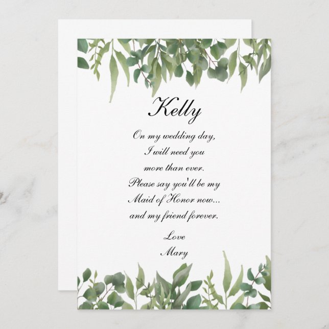 Convites Rustic Green deixa Madrinha de casamento de folhag (Frente/Verso)
