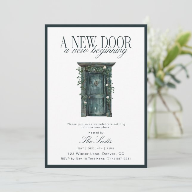 Convites Rustic Green Door New Home Housewarming  (Em pé/Frente)