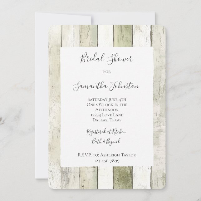 Convites Rustic Green White Faux Wood Bridal Shower (Frente)
