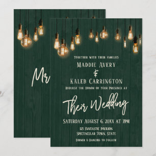 Convites Rustic Green Wood Edison Luz Typografia Casamento