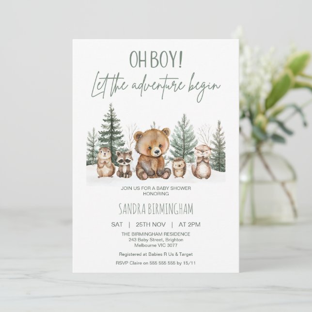 Convites Rustic Green Woodland Adventure Begin Baby Shower (Em pé/Frente)