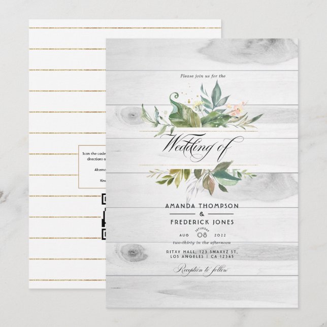 Convites Rustic Greenery Country Barn QR Code RSVP Casament (Frente/Verso)