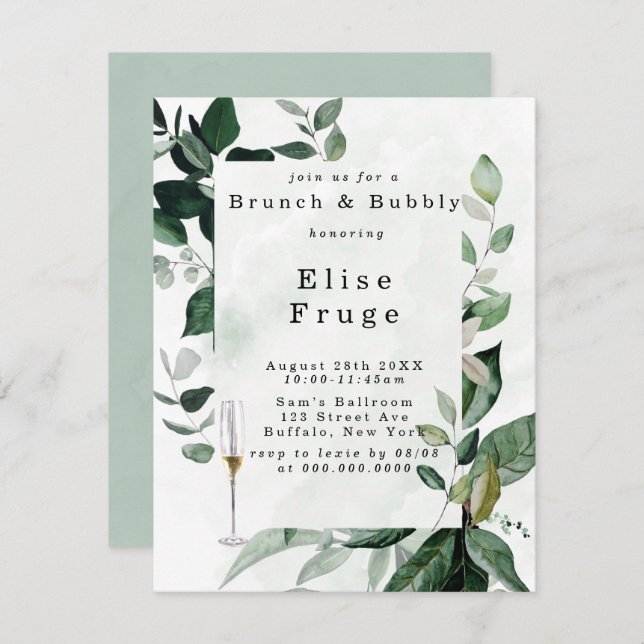 Convites Rustic Greenery Eucalyptus Brunch e Bubbles Invita (Frente/Verso)