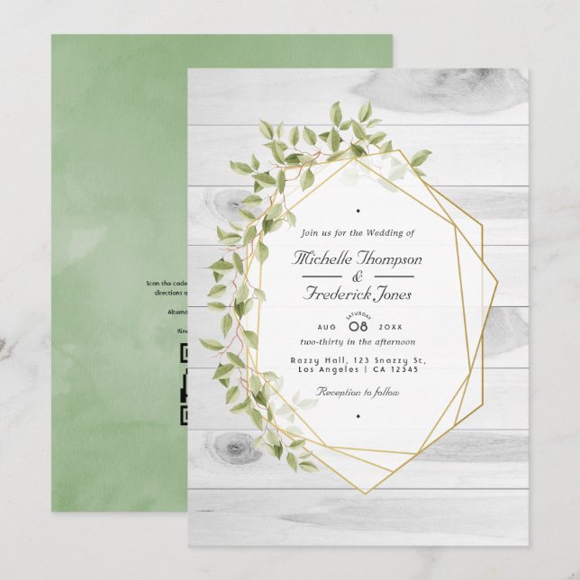 Convites Rustic Greenery Geométrico Código QR RSVP Casament (Frente/Verso)