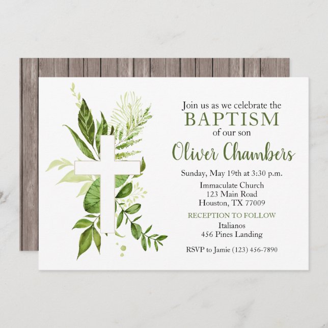 Convites Rustic Greenery Green Cross Boy Baptism (Frente/Verso)
