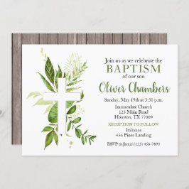 Convites Rustic Greenery Green Cross Boy Baptism