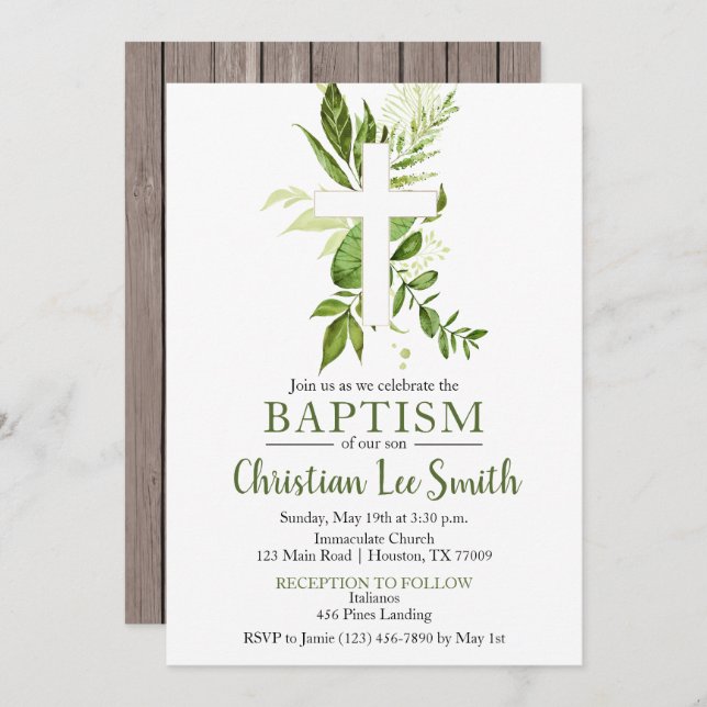 Convites Rustic Greenery Green Cross Boy Baptism (Frente/Verso)