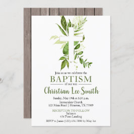 Convites Rustic Greenery Green Cross Boy Baptism