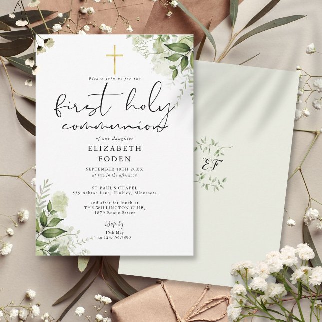 Convites Rustic Greenery Monograma Primeira Comunhão Sagrad (Rustic Greenery Monogram First Holy Communion Invitation)