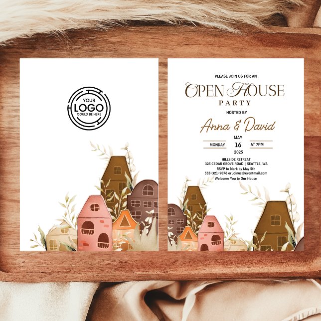 Convites Rustic Hand Desenhando Logotipo Comercial Open Hou (Rustic Hand Drawing Open House Business Logo Invitation chic elegant country farmhouse new home gift)