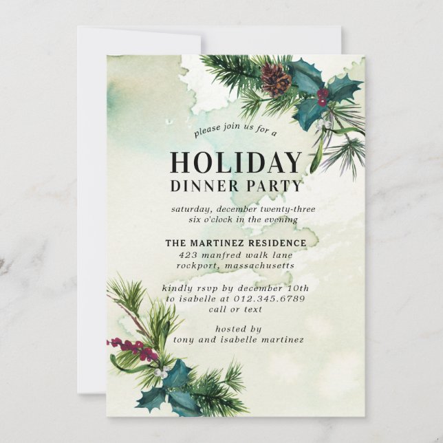 Convites Rustic Holly Watercolor Foliday Janto Party (Frente)