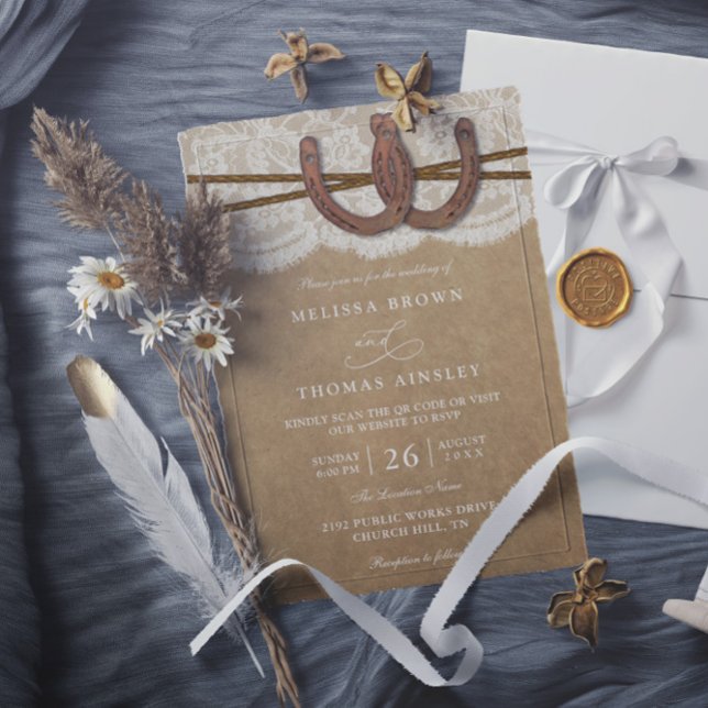 Convites Rustic Horseshoe On Kraft & Lace QR Code Wedding (Criador carregado)