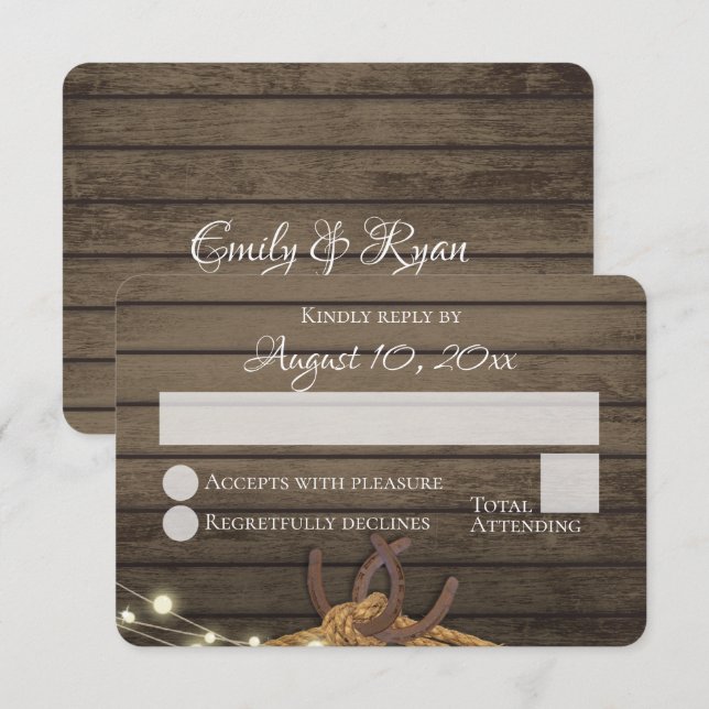 Convites Rustic Horsferes Barn Wood Luz Casamento RSVP (Frente/Verso)