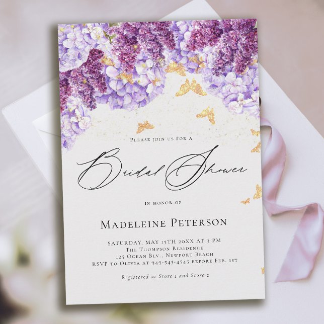 Convites Rustic Hydrangea Lilac Butterfly Bridal Shower (bridal shower invitation hydrangea lilac butterflies boho romantic purple gold pink)