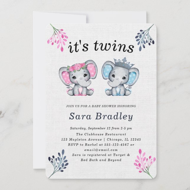 Convites Rustic It's Twins burlap elefant chá de fraldas (Frente)