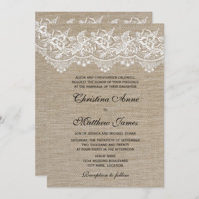 Convites Rustic Jute and Lace Wedding (Frente/Verso)