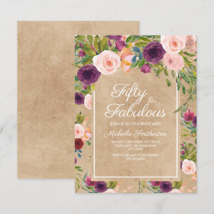 Convites Rustic Kraft Boho Ameixa Bege Floral 50º Aniversár