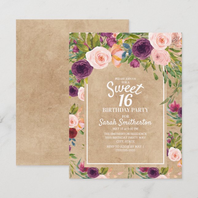 Convites Rustic Kraft Boho Ameixa Bege Floral Doce 16 (Frente/Verso)