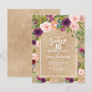 Convites Rustic Kraft Boho Ameixa Bege Floral Doce 16