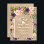 Convites Rustic Kraft Boho Plum Blush Floral Sweet 16<br><div class="desc">Linda ameixa púrpura e pincelada cor-de-rosa botânica rosa-d-água floral no papel kraft marrom-rústico Doce 16 convite de aniversário.</div>