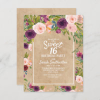 Rustic Kraft Boho Plum Blush Floral Sweet 16