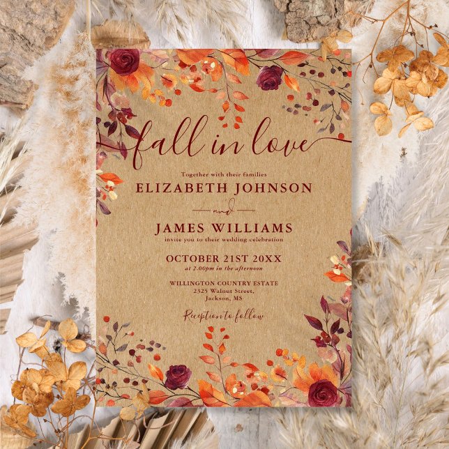 Convites Rustic Kraft Cai No Amor Autumn Floral Casamento (Rustic Kraft Fall In Love Autumn Floral Wedding Invitation)