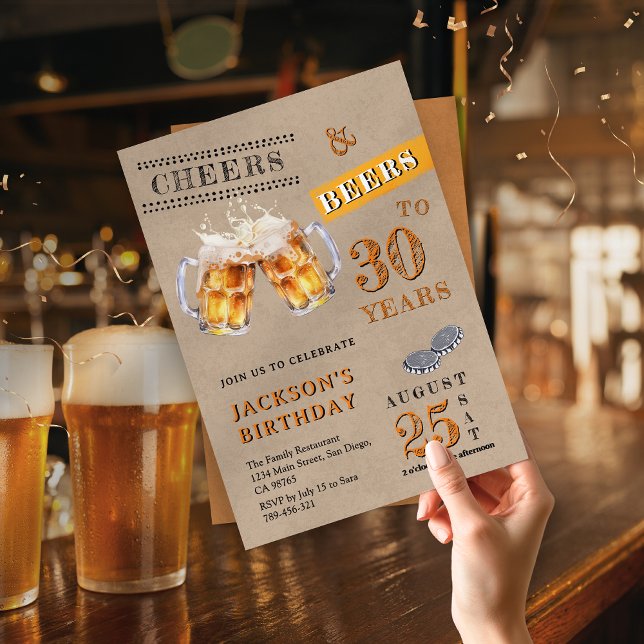 Convites Rustic Kraft Cheers & Beers Qualquer Aniversário D (Rustic Kraft Cheers & Beers Any Age Birthday Invitation )