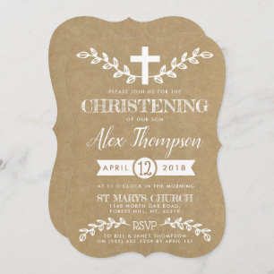 Convites Rustic Kraft Cross & Foliage Christening