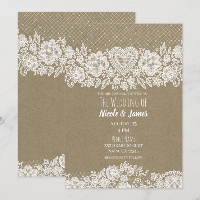 Convites Rustic Kraft & Lace Casamento no Celeiro da Fazend (Frente/Verso)