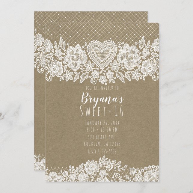 Convites Rustic Kraft Lace Farmhouse Sweet 16 Aniversário (Frente/Verso)