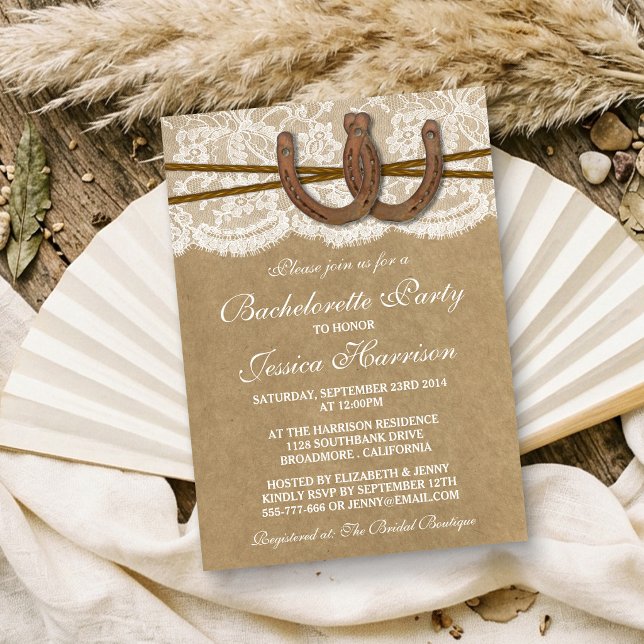 Convites Rustic Kraft & Lace Ferradura Despedida de Solteir (Criador carregado)