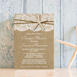 Convites Rustic Kraft, Lace & Starfish Chá de panela Praia