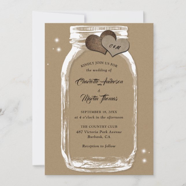 Convites Rustic Kraft Paper Burlap Hearts Mason Jar Wedding (Frente)