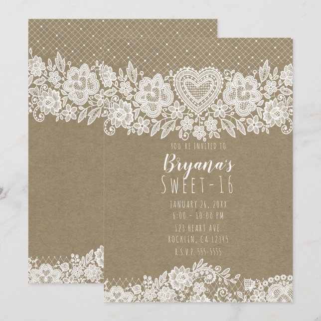 Convites Rustic Kraft  Renda Farmhouse Aniversário de 16 an (Frente/Verso)