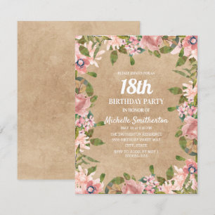 Convites Rustic Kraft Rosa Floral Aquarela 18º Aniversário